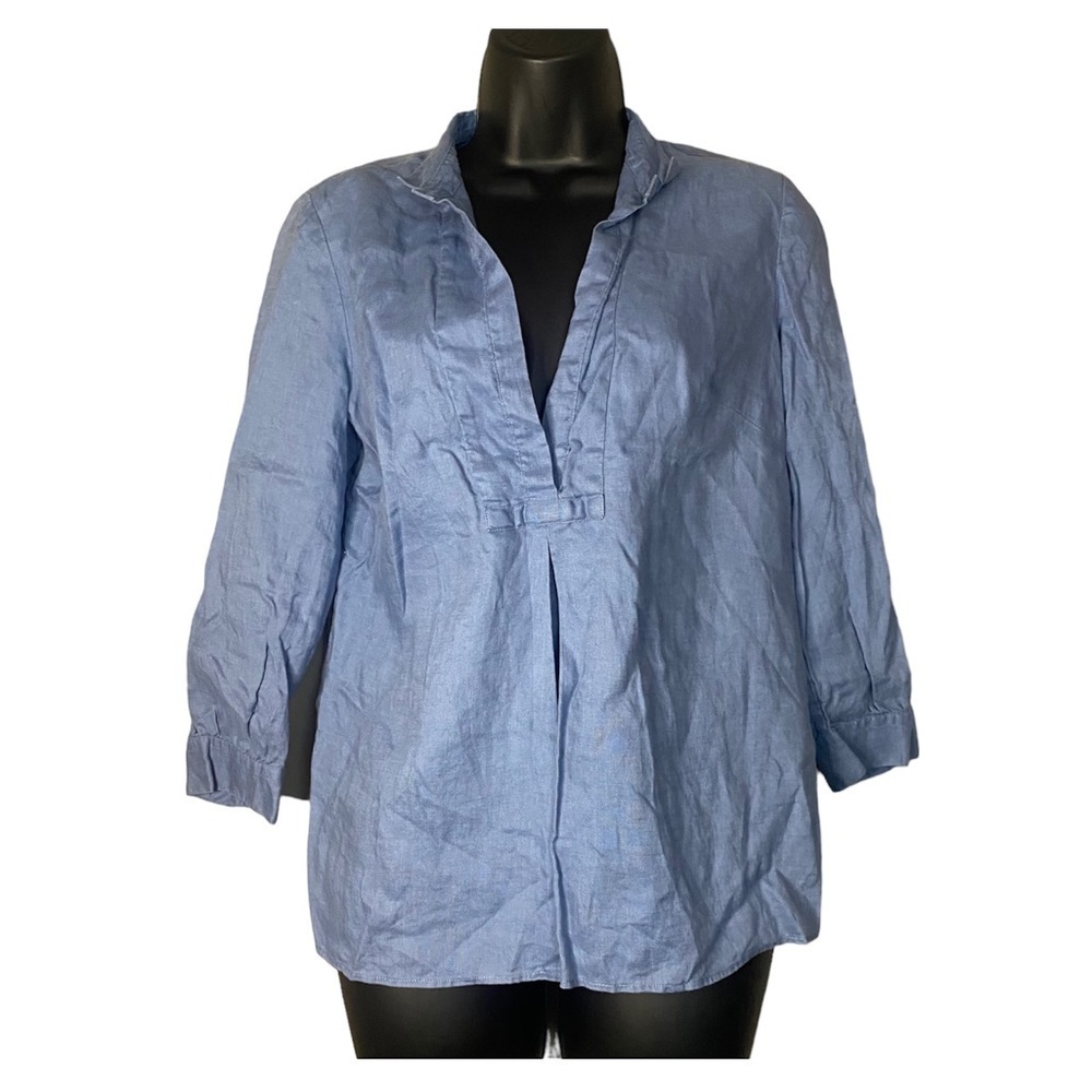 ANN TAYLOR Denim 3/4 Sleeve V-Neck Collared Blouse career work professional